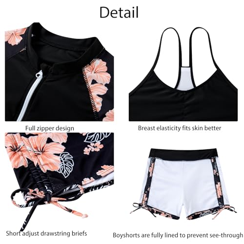 Image of Funnycokid Girls Swimsuit 3 Pieces Zip Rash Guard Bathing Suits Set Kids Bikini Boyshort Summer Swimwear 3-14 Years