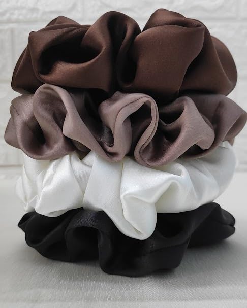 Combo of 4 Satin Silk Scrunchies for hair, Big Hair Scrunchies Satin Hair Ties Ponytail Holder (coffee,brown,black and white)