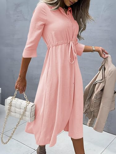 Image of Febriajuce Women's 3 /4 Sleeve Midi Dress Casual Drawstring Belted Round Neck Plain Tie Waist Loose High Waist Long Dress