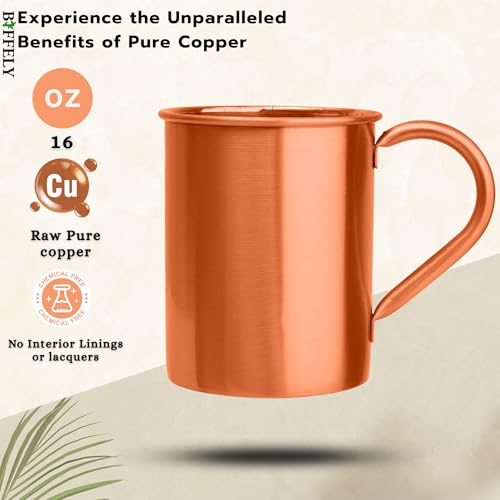 Image of Moscow Mule Copper Mugs (16oz) | Food Grade 100% Pure Copper Cups | Handcrafted w /Lacquered Hammered Finish, Smooth Rounded Lip, Ergonomic Handle (No Rivet) w /Solid Grip