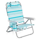 Trail Low Reclining Beach Chair, Blue Stripe Lightweight Folding Recliner – Reclines to 4 Positions, Head Cushion, Drinks Holder, Storage Pouch & Backpack-Style Carry Straps, Portable Camping Lounger