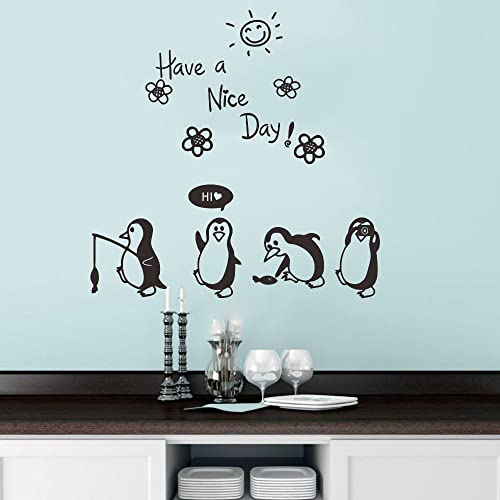 Anfrjji 4 Cute Penguin Wall Decals Have A Nice Day Wall Decal Wall Sticker Switch Stickers Light Switch Decor Refrigerator Sticker Family Diy Home Decor For Kids Bedroom Office Home Decoration Effect Size 34X33 Inch Jwh180 (Black) #TOP5