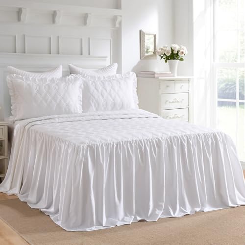 SOElinens Ruffle Skirt Bedspread King Size - 30" Long Drop, Cotton Farmhouse Coverlet Bed Spreads, Shabby Chic Style Bedding Set, Charming Ruffle Detail with 2 Pillow Shams - King, White — view 3