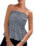 PRETTYGARDEN Women's Boho Tube Tops 2025 Summer Strapless Off Shoulder Eyelet Smocked Peplum Trendy Going Out Bandeau Top (Grey Blue,X-Large)