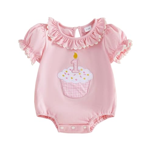Beauace Toddler Baby Girl 1st Birthday Outfit Summer Cake Embroidery Print Clothes Short Sleeve One Piece Bodysuit Ruffle Smocked Jumpsuit (Pink 6-12 Months)