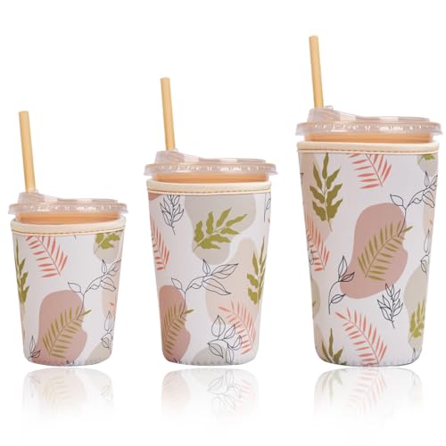 Image of Reusable Insulated Sleeve for Iced Coffee Cup, 3-Pack Coffee Neoprene Drink Sleeve for Cold & Hot Drinks, Beverage Holder for Iced Coffee (Boho Fronds)