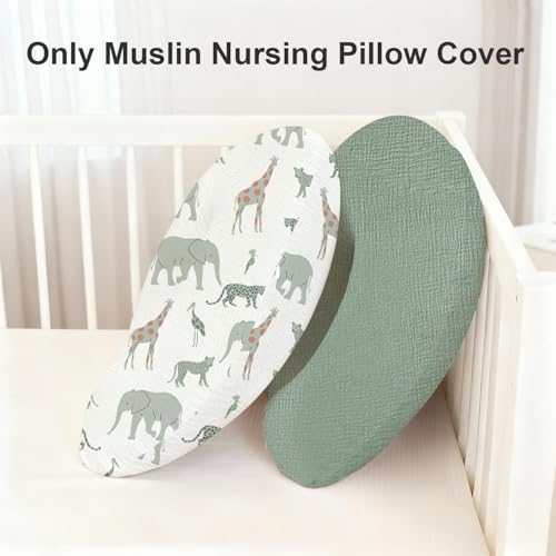 Image of Little Grape Land Muslin Nursing Pillow Covers 2 Pack, 100% Cotton Removable Breastfeeding Pillow Covers, Feeding Pillow Slipcovers for Baby Boys & Girls, (Safari & Green)