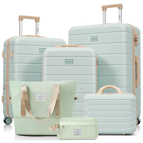 Image of Hardside Luggage Sets, Lightweight Stripes Suitcase with Spinner Wheels, Grey Green 6pcs