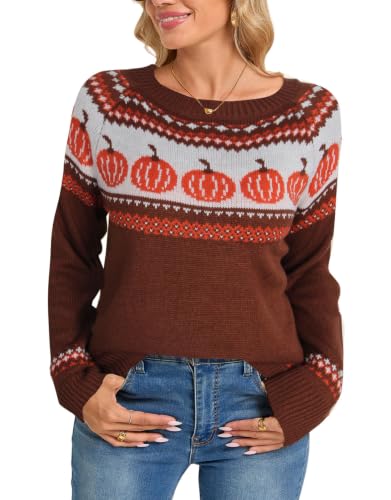 Image of Women's Fair Isle Sweater Crew Neck Long Sleeve Fall Vintage Knit Tops