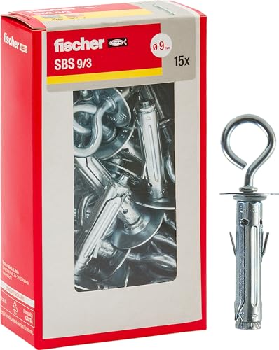 Fischer, 15 Metalldübel SBS 9/3 Y mit geschlossener Öse zur Befestigung von Möbeln, Regalen, Spiegeln auf Beton und Ziegel