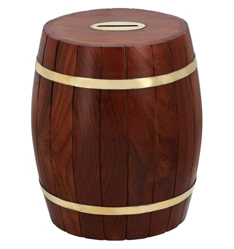 Ajuny Indian Handcrafted Wooden Barrel Shape Piggy Bank with Brass