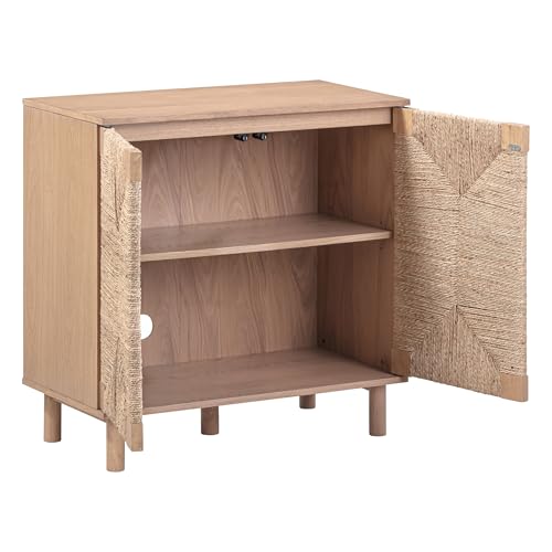 Image of Nathan James Beacon Boho TV Stand, Free Standing Kitchen Cabinet Storage with Adjustable Interior Shelf and Seagrass Accent, Seagrass /Raw Oak, Set of 3
