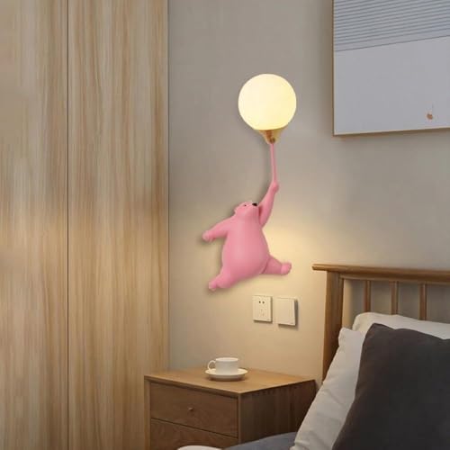ZLKJHSHOP Cartoon Bear Wall Light 3D Printed PE Shade Wall Lamp Cute Art Decor Wall Lights for Kids Room Girls Boys Bedroom Nursery(Pink,Right)