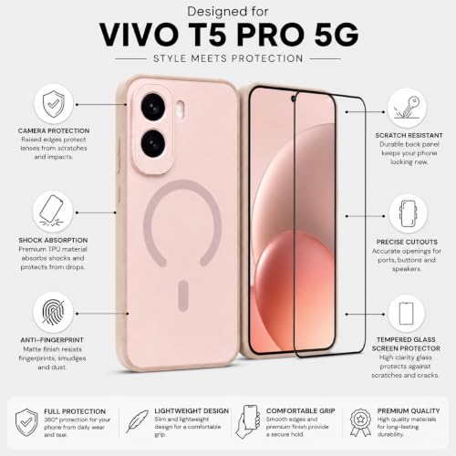 Image of Back Cover with Tempered Glass for Vivo T5 Pro 5G | Matte Soft Pink Case | Shockproof, Slim Fit, Anti-Scratch, Precise Cutouts | Full Protection Combo (Soft Pink)