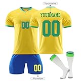 Brazil Football Football Kits for Kids and Adult, Personalized DIY Football Jerseys with Name/Number, Training Shirts Shorts and Socks Set, Birthday Gifts for Soccer Fans - Image 2