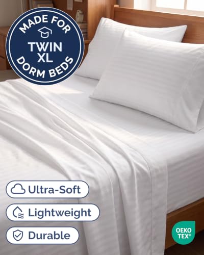 Image of Twin XL 4 Piece Sheet Set - College Dorm Room Essentials - Striped White