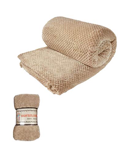 HTE Manta Cama 150/180 de Microfibra, Manta Suave para Sofá, Manta Coche Ideal para Viaje, Manta Polar 220 x 240 cm Muy Caliente (Beige 220x240cm)