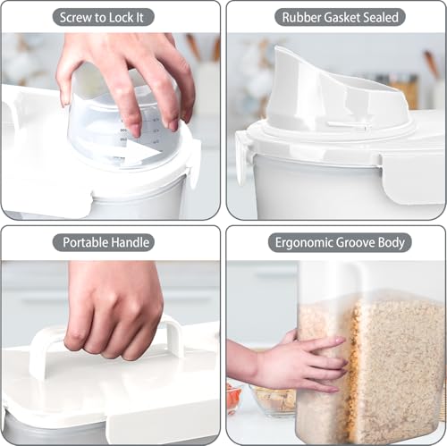 Image of Komzon Rice Storage Containers, Airtight Cereal Containers Storage, with Pouring Spout Portable Handle for Flour, Pasta, Grain and Baking, Pet Dog Cat Bird Food Container 20lb White