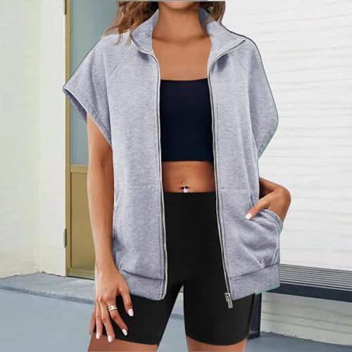 Womens Oversized Zip Up Sweatshirts Short Sleeve Hoodie Lightweight Jackets Vest Summer Lightweight Coat Tops2