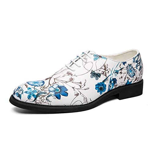 Formal Shoes for Men Lace Up Round Toe Blue Flower Vegan Leather Low Top Non Slip Resistant Party(10 M US)