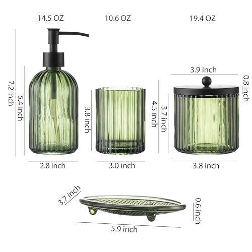 KMwares 4PCs Heavy Weight Decent Glass Bathroom Accessories Set with Decorative Pressed Pattern - Includes Hand Soap Dispenser & Tumbler & Soap Dish & Toothbrush Holder (Oliver Green) - Image 6