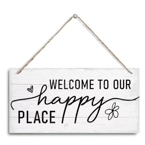 Rustic Welcome Wooden Hanging Sign – Decorative Wall Plaque with “Welcome to Our Happy Place”, Farmhouse Front Door and Porch Decoration, Entryway or Foyer Wall Art, Camper and Camping Home Decor for Indoor Outdoor Use