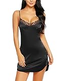 Avidlove Women's Nightwear Sexy Satin Sleepwear Lace Chemises Mini Full Slip Black