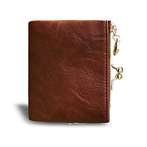 Image of AOXONEL Womens Wallet Small Rfid Ladies Compact Bifold Leather Vintage Coin Purse With Zipper and Kiss Lock, Brown, Small
