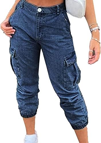 Women's Vintage Skinny Jeans with Side Pockets Distressed Mid-Waist Multi-Pocket Cropped Jeans Washed Jean Pants (Dark Blue,X-Large)