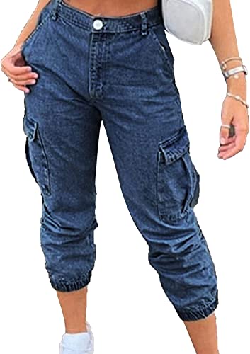 Women's Vintage Skinny Jeans With Side Pockets Distressed Mid-Waist Multi-Pocket Cropped Jeans Washed Jean Pants (Dark Blue,X-Large) #TOP27
