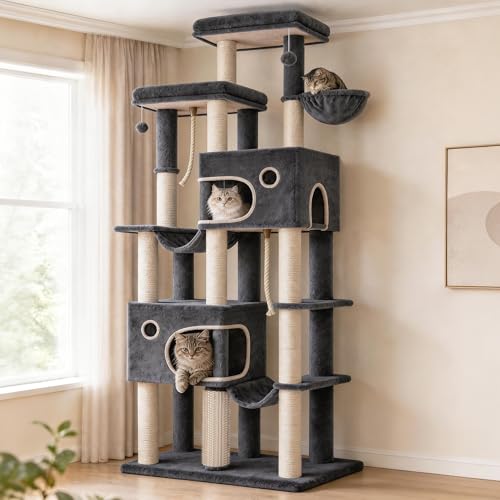 Hzuaneri Kratzbaum 213 cm XXL Katzenbaum 2 Extra Große Plattformen 2 Große Höhlen 10 Kratzstämme 2 Hängematten Korb Katzenbürsten Pompons Geeignet für Maine Coon Katzen Dunkelgrau MS21418SG