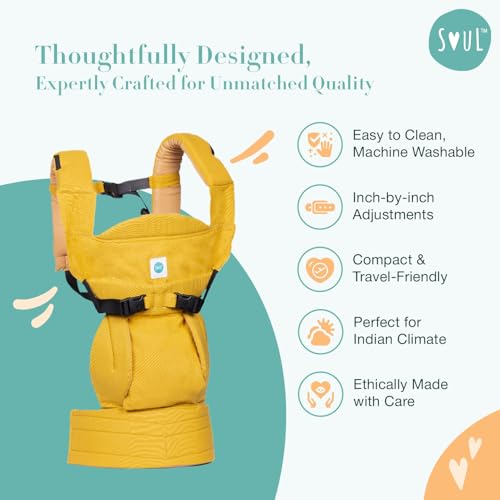 Image of SOULSLINGS 4-in-1 Lali Baby Carrier Bag - Mustard - Cotton | Compact & Lightweight (400g) | Adjustable for 0-24 Months (4-15kg) | Machine Washable & Handwashable | Breastfeeding Friendly