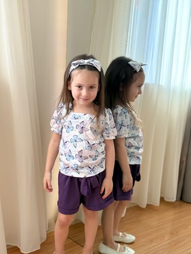 Image of Arshiner Toddler Girls 3 Piece Outfit Set Puff Sleeve Square Neck Top with Shorts and Matching Headband Summer Clothes 2T-8Y