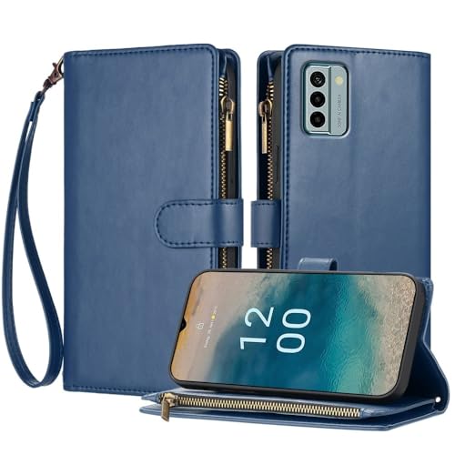 Étui Nokia C02 bleu avec portefeuille zippé et clapet élégant