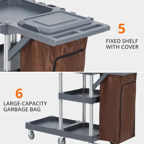 Collapsible Janitorial Cart On Wheels - Professional Cleaning Caddy with Lockable Cover, Shelves & Vinyl Bag, Heavy-Duty Hand-Pushed Cart for Hotels, Offices, Hospitals (Black)