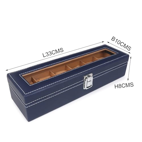 Image of LEDO Watch Box Organizer Case with 6 Slots, Transparent Display, PU Leather Exterior, Blue & Cream Velvet Interior, Metal Clasp Lock, Rectangular Storage Case for Men