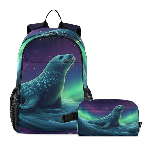 Travel Backpack Lunch Bag Set for Hiking Picnic, Backpacks with Insulated Lunch Box Aurora Seal Print