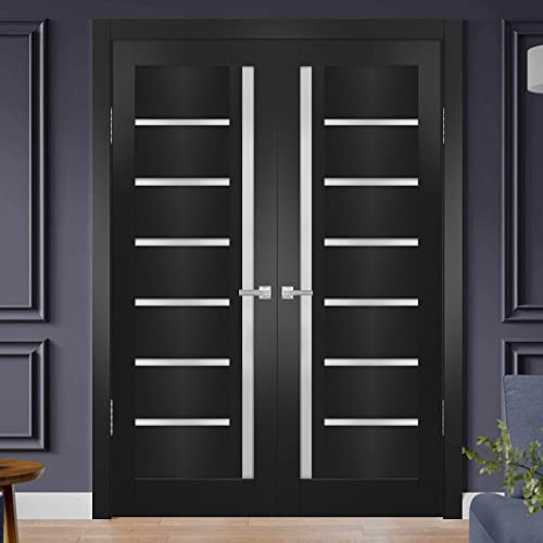 SARTODOORS Quadro 4088 Interior Doors 60 x 80 in, Black Matte Frosted Glass Solid French Double Door, Solid MDF Core, Frame and Satin Nickel Hardware Included