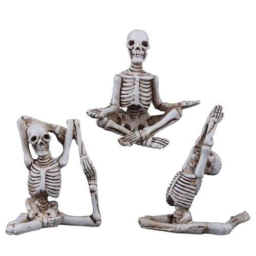 Goetland Set of 3 Yoga Skeletons Statues Halloween Yoga Skull Mini Skeleton Figurines Zen Meditating Skull Figurine