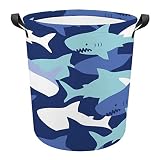 Camouflage Pattern with Cute Sharks Collapsible Laundry Basket Laundry Hamper with Handles Washing B