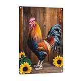 Vintage Metal Rooster and Sunflowers Wall Decor - Farmhouse Country Kitchen Office Decoration - Rustic Tin Plaque Sign with Pre-Drilled Holes - Indoor/Outdoor Art for Man Cave, Cafe Shop 12x8 Inch