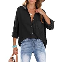 Lonya Camicia Donna Elegante Camicetta Bianca con Scollo a V 100% Cotone Blusa Maniche Lunghe Casual con Bottoni, vestibilità Ampia, Top con Tasca, Nero, M