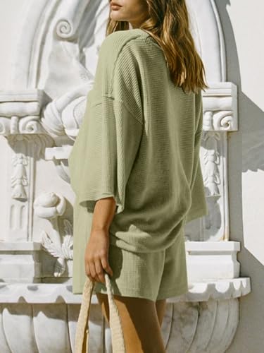 Image of Tankaneo Womens Short Sets 2 Piece Outfits 3 /4 Sleeve Tops and Elastic Waist Shorts Lounge Set Casual Loungewear