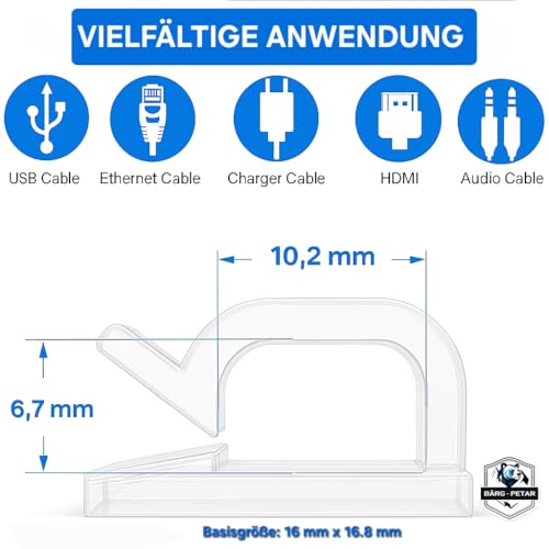 BÄRG-PETAR® Selbstklebende Kabelclips 100 Stück – Kabelhalter & Kabelmanagement Clips – Stark haftender 3M Kleber – für USB, HDMI, Ladekabel – Büro, Auto & Zuhause