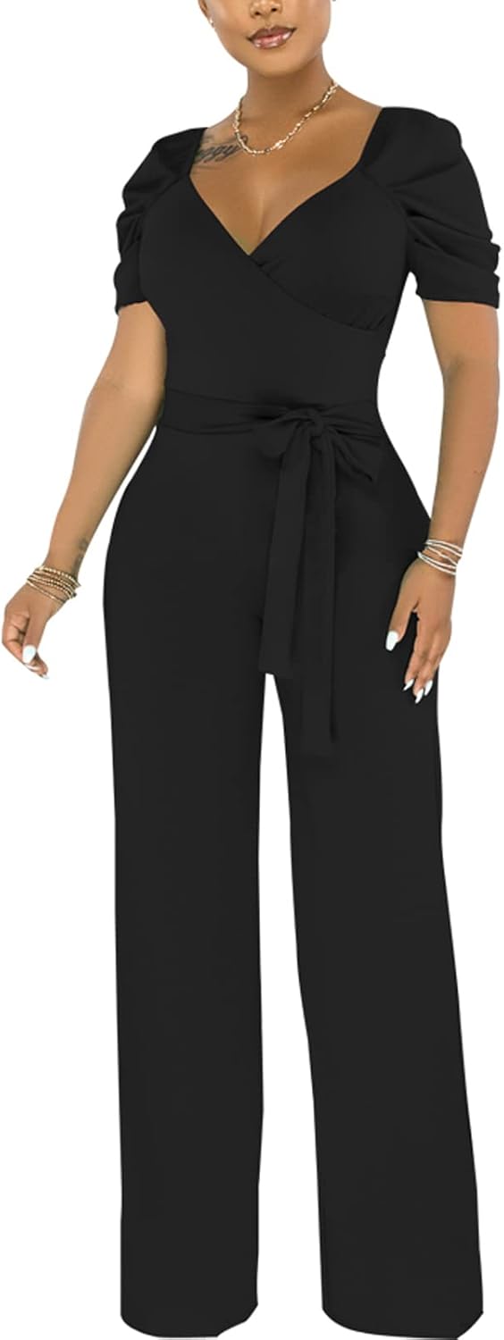 PaladMom Womens Elegant Plus Size Jumpsuits Sexy Back zipper Short Sleeve Mid Waist Wide Leg Straight Rompers