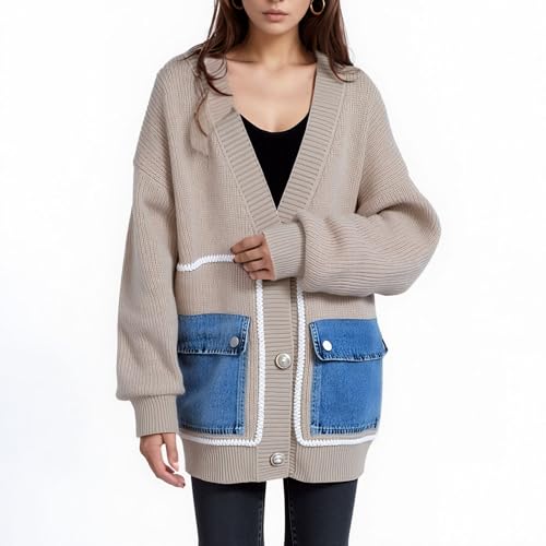 Image of FindThy Women's Casual Button Up Cardigan Oversized Long Sleeve Jean Patchwork Sweater Cardigans