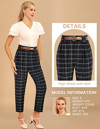 Women's Casual Long Pants High Waist Belted Plaid Work Pant Trousers With Pockets (Plaid X-Large) #TOP2