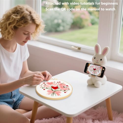 Image of Heart Flower Embroidery Kits for Beginners Adults, Pink Embroidery Starter Kits, Counted Cross Stitch Kits for Adults Anniversary Valentine's Day Gift, Embroidery Hoops, Fabric Thread & Video Tutorial