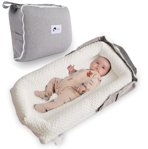 Image of Joyful Journeys Baby Lounger Diaper Bag - Portable Nest & Organizer | Versatile Infant Bag for Convenience | Baby Shower Gifts (White Minky)