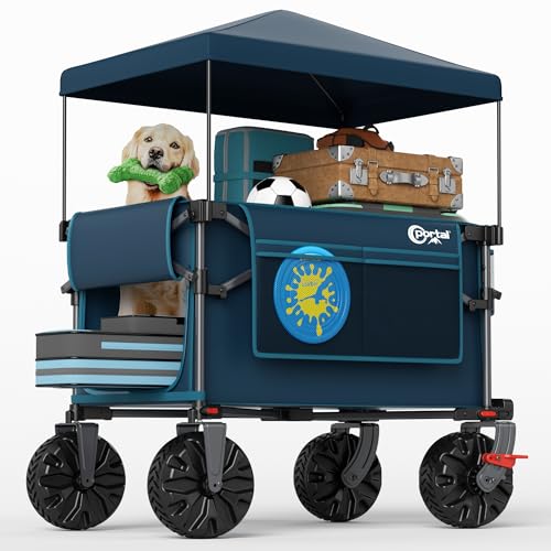 Portal Wagon with Canopy Collapsible 270lbs, Covered Wagon with All-Terrain Wheels & Drink Holders for Beach, Camping, Dog Blue 350L